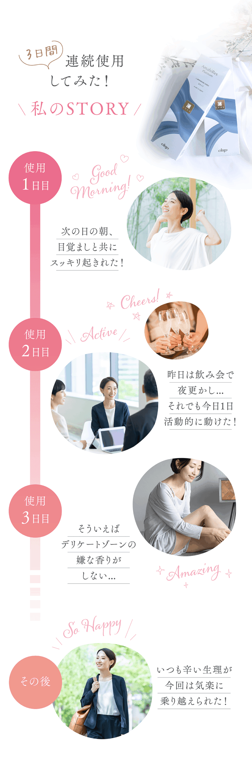 3日間連続使用してみた！私のSTORY
使用1日目
次の日の朝、目覚ましと共にスッキリ起きれた！
使用2日目
昨日は飲み会で夜更かし…それでも今日1日活動的に動けた！
使用3日目
そういえばデリケートゾーンの嫌な香りがしない…
その後
いつもなら痛み止めが必須な生理が、今回は薬なしで乗り越えられたし辛くなかった！